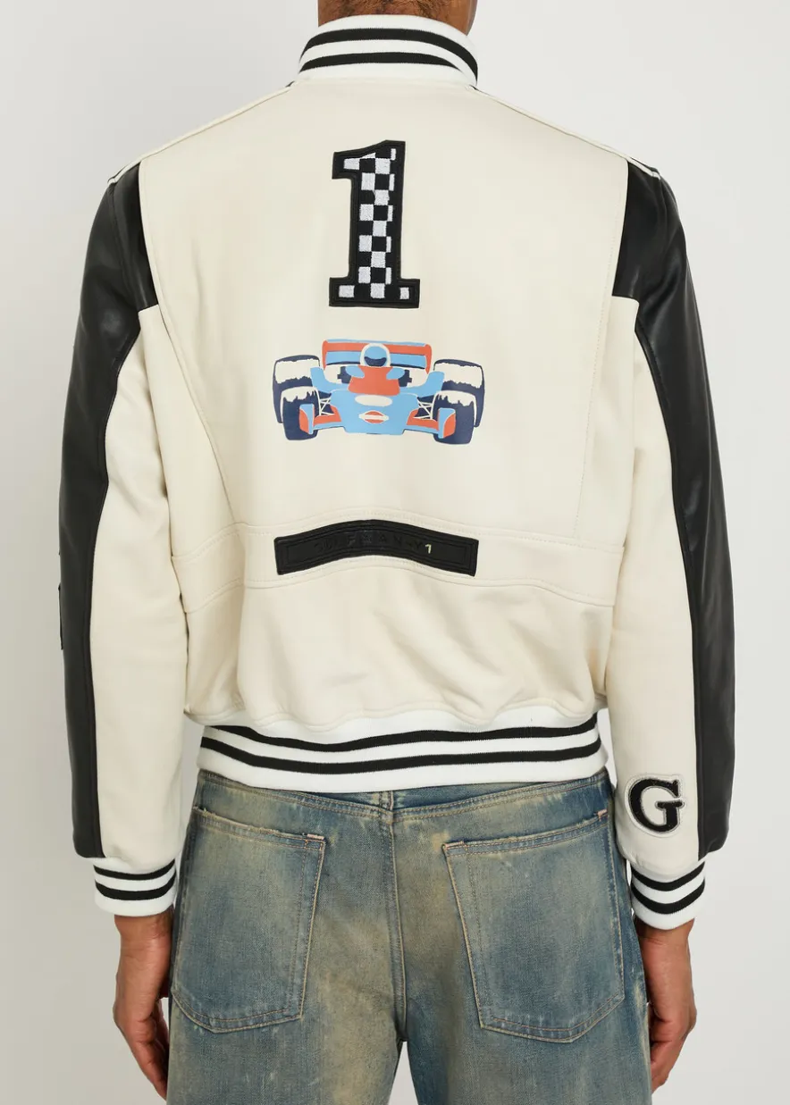 Unisex appliquéd padded leather bomber jacket