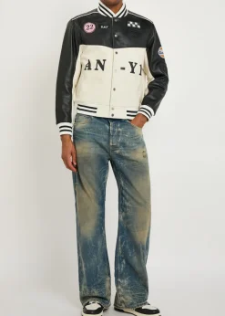 Unisex appliquéd padded leather bomber jacket