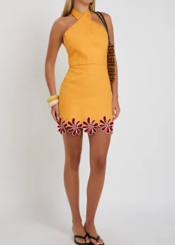Veneta floral-appliquéd linen mini dress