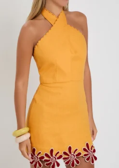 Veneta floral-appliquéd linen mini dress