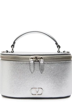 VLogo metallic grained leather vanity case bag