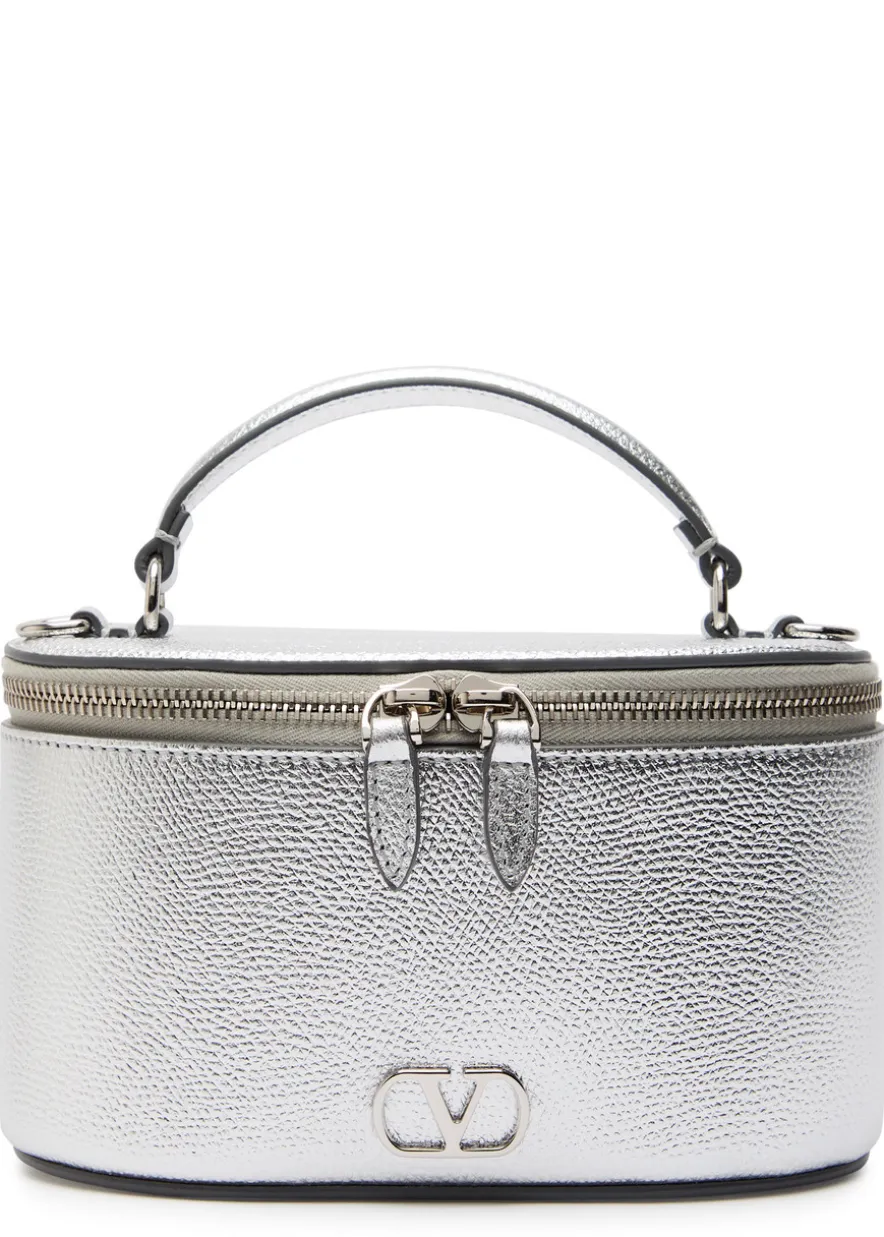 VLogo metallic grained leather vanity case bag