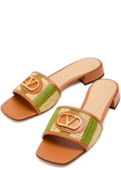 VLogo raffia and leather sliders