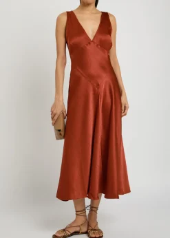V-neck satin midi cocktail dress