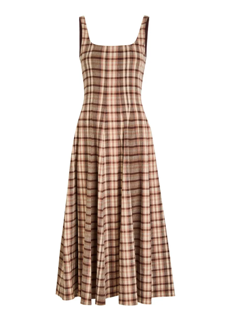 Wells checked linen-blend midi dress