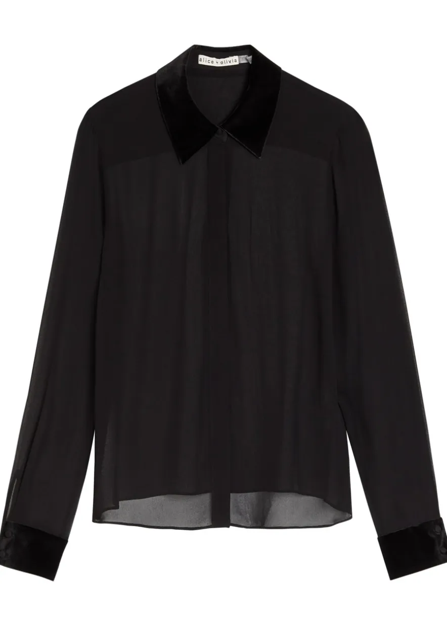 Willa velvet-trim semi-sheer chiffon shirt