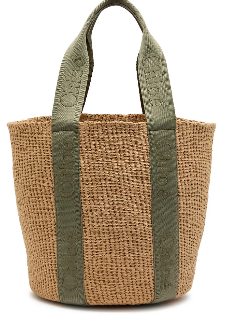 Woody logo-embroidered raffia basket bag
