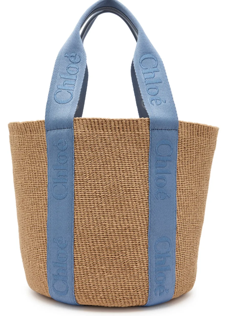 Woody logo-embroidered raffia basket bag