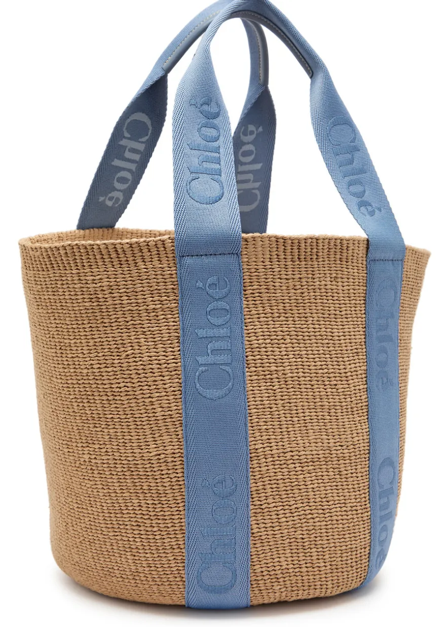 Woody logo-embroidered raffia basket bag