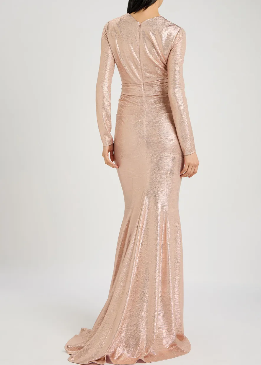 Wrap-effect lamé gown