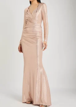 Wrap-effect lamé gown