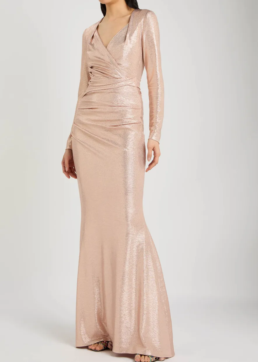 Wrap-effect lamé gown