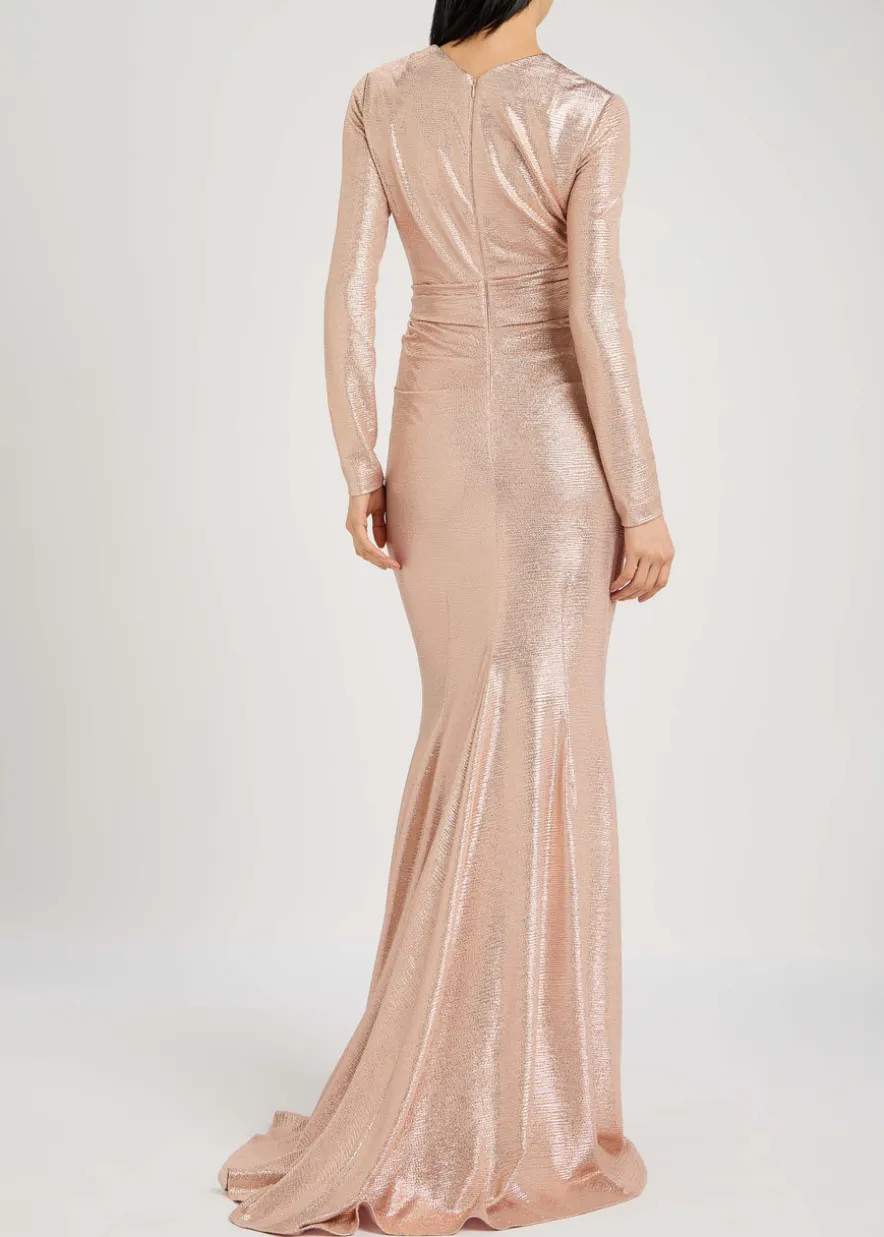 Wrap-effect lamé gown