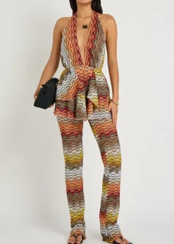 Zigzag halterneck metallic-knit cover-up top