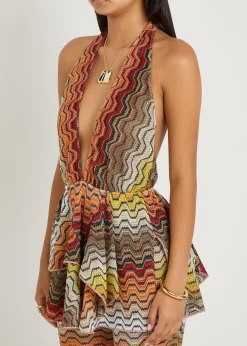 Zigzag halterneck metallic-knit cover-up top