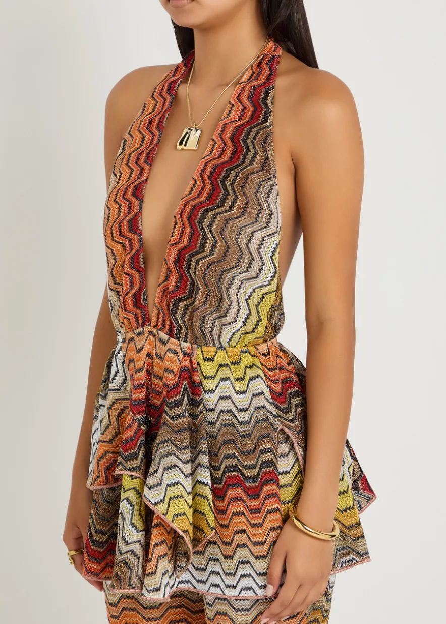 Zigzag halterneck metallic-knit cover-up top