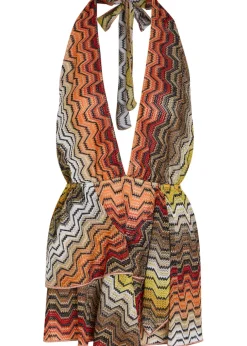 Zigzag halterneck metallic-knit cover-up top