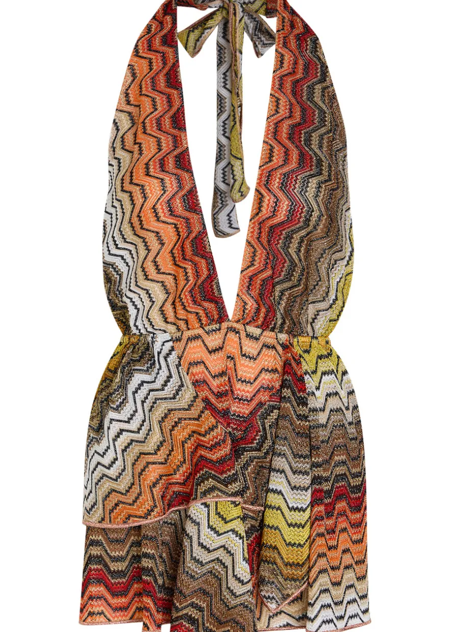 Zigzag halterneck metallic-knit cover-up top