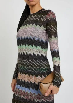 Zigzag-intarsia fine-knit midi dress