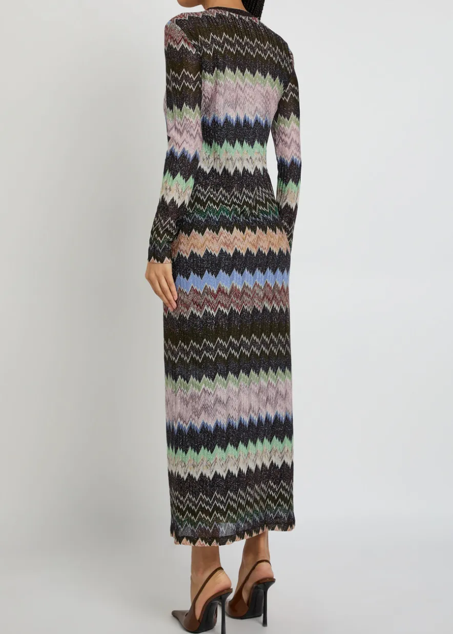 Zigzag-intarsia fine-knit midi dress