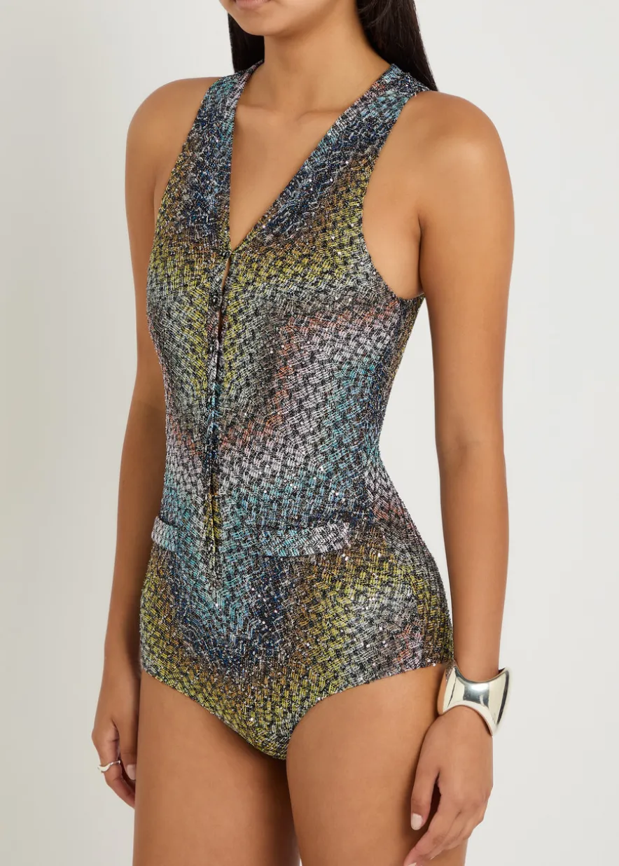 Zigzag metallic-knit swimsuit